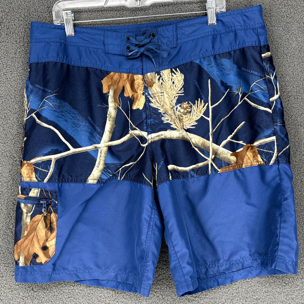 Cabelas Mens Blue Realtree Camo Board Shorts Size 36 Cargo Pocket Swim Trunks